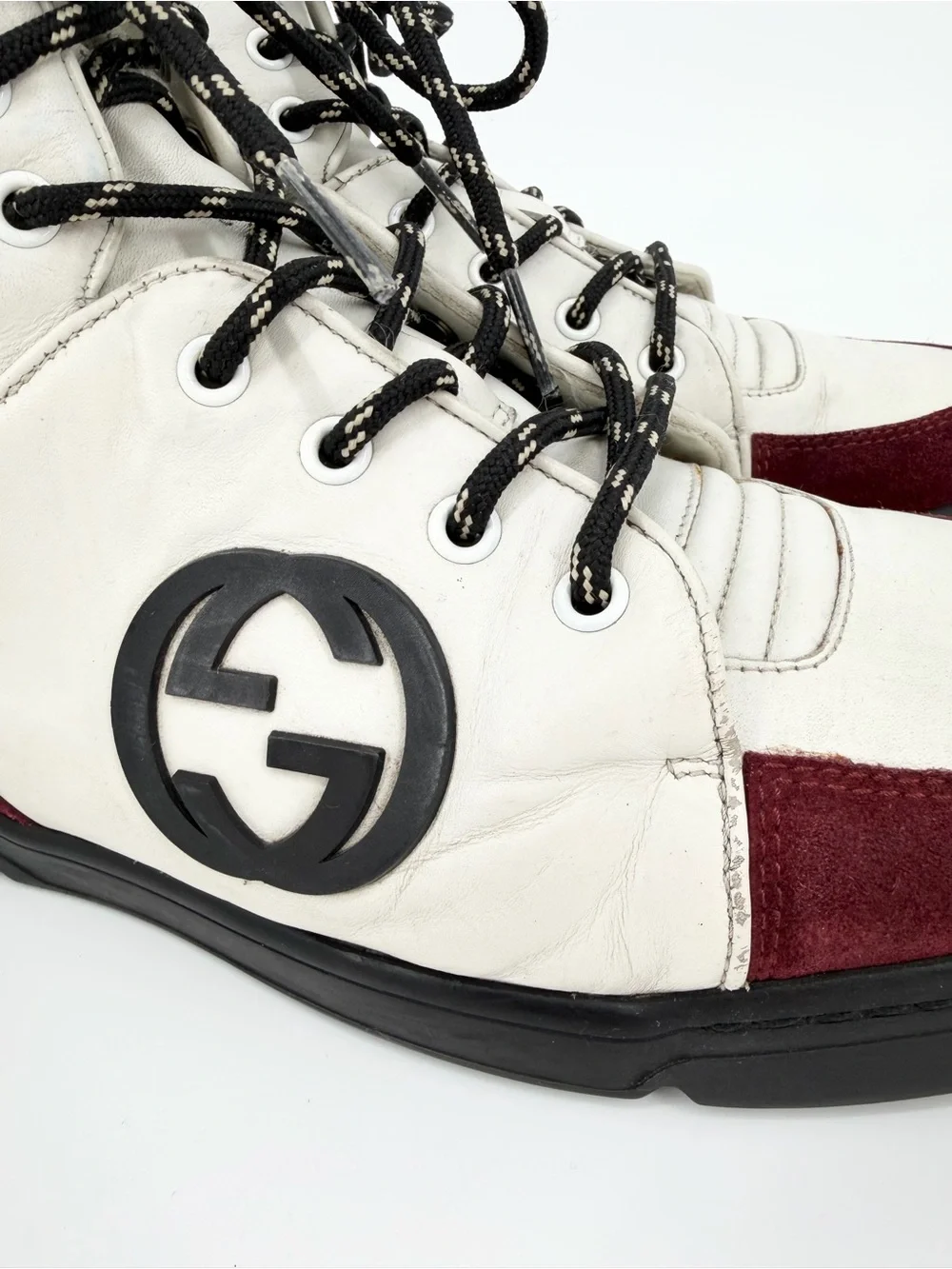 Gucci Burgundy/White GG Interlocking Leather Lace Up High Top Sneakers